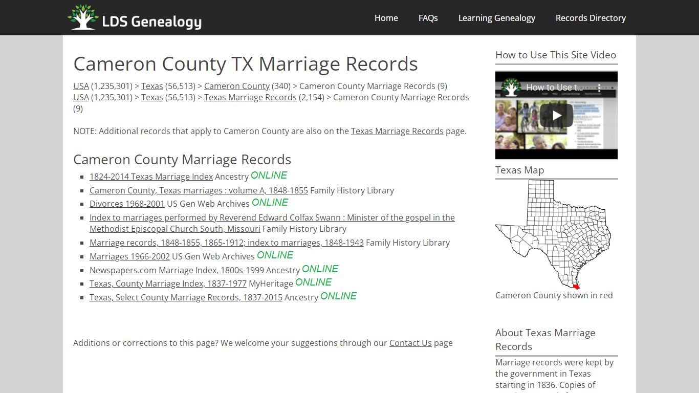Cameron County TX Marriage Records - LDS Genealogy