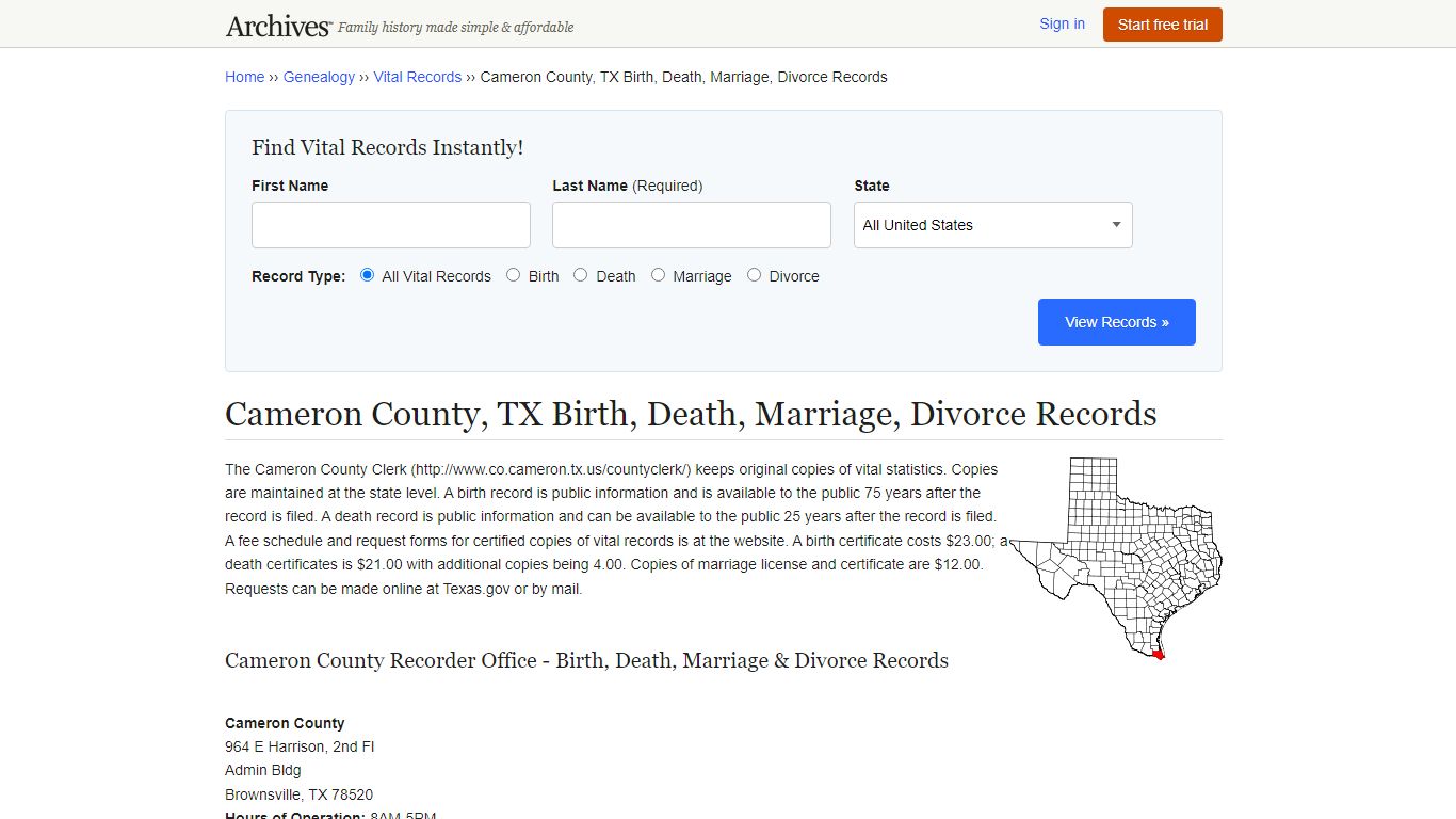 Cameron County, TX Birth, Death, Marriage, Divorce Records